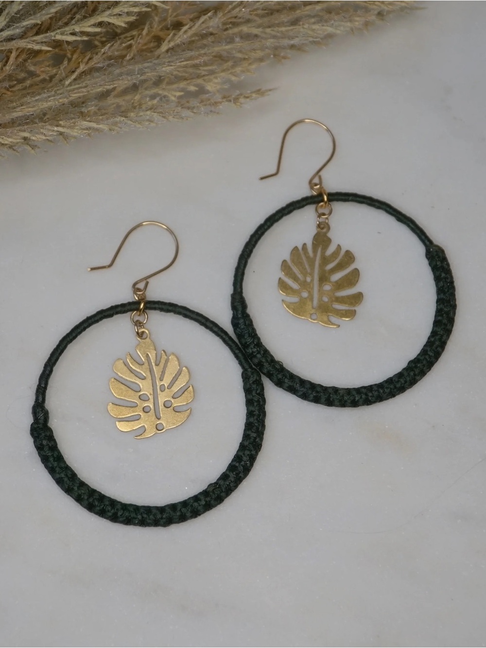 Handmade Macrame Hoop Earrings with Gold Monstera Charm